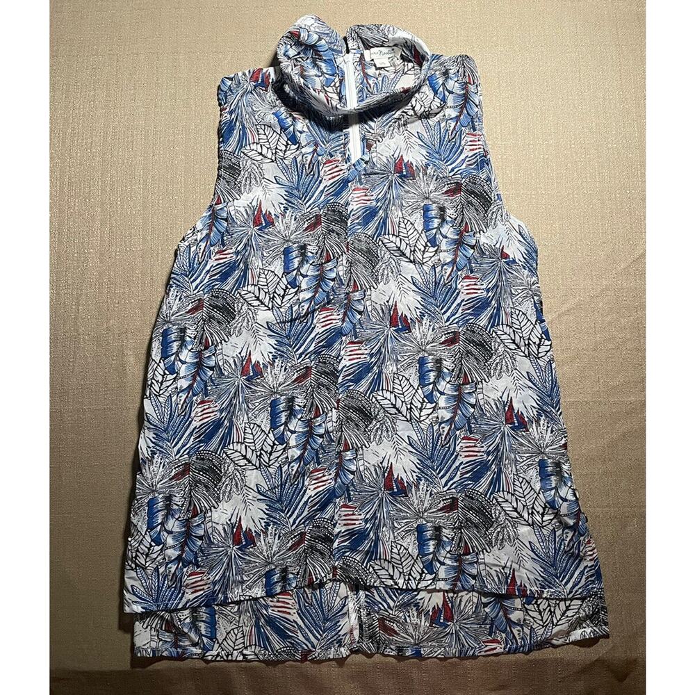 Simply Noelle Tank Top Blouse Women’s L/XL White Blue Red Leaves Button Up Strap